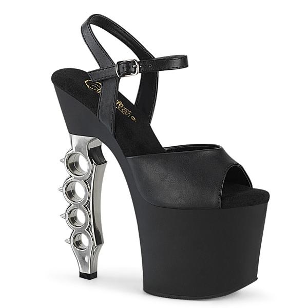 IRONGRIP-709 Pleaser ladies ankle strap sandal silver brushed knuckles heel black matte