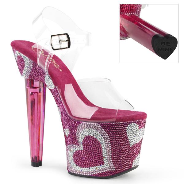 LOVESICK-708HEART Pleaser ankle strap platform sandal heart heel clear hotpink white rhinestones