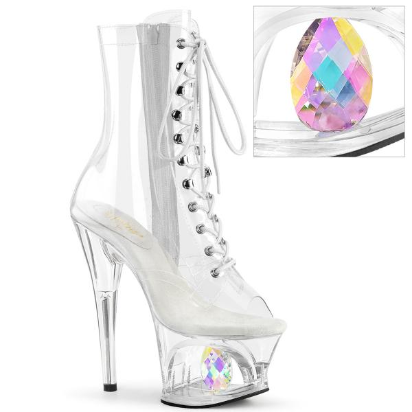 MOON-1021C-DIA Pleaser High Heels transparente Plateaustiefeletten AB Kristalltropfen