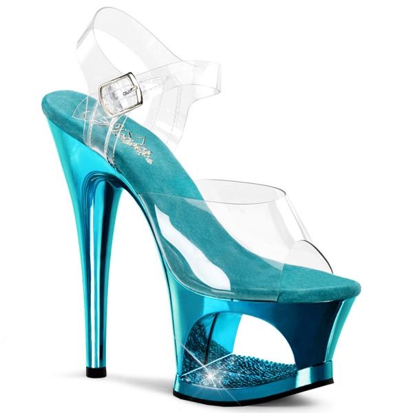 MOON-708DMCH Pleaser High-Heels Cut-Out-Plateau Sandaletten klar türkis chrom Strass