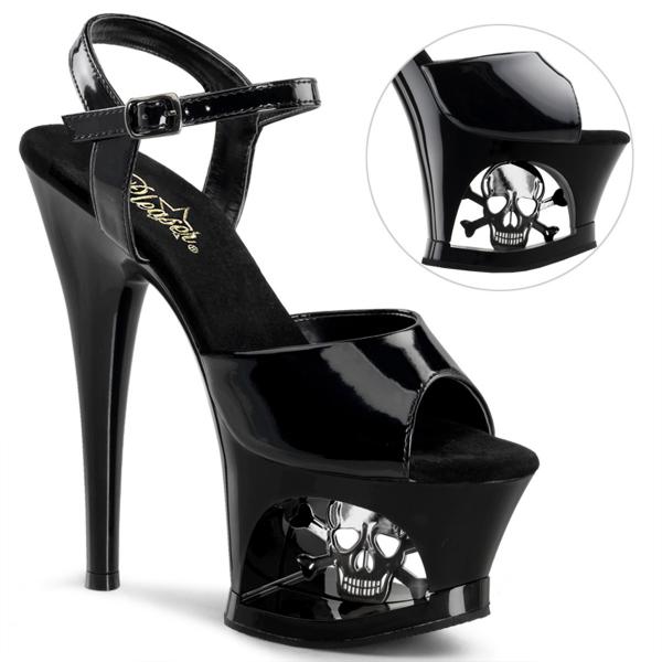 MOON-709SK Pleaser high heels sandal cut-out platform black patent skull cross bones