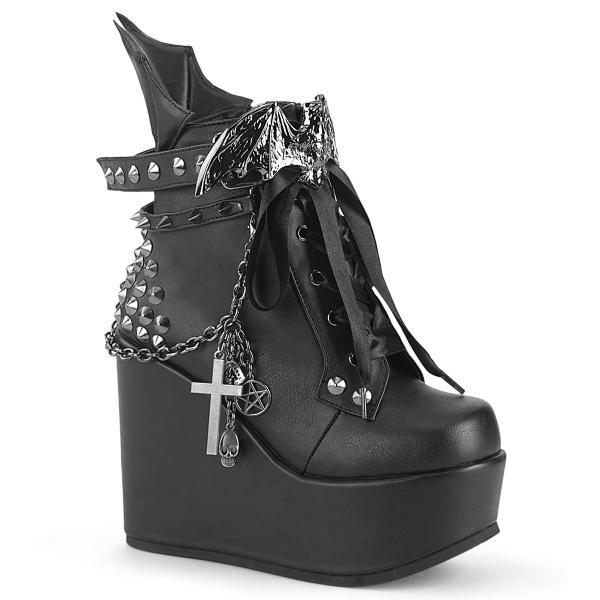 POISON-107 DemoniaCult vegan wedge platform ankle bootie spikes bat buckle chain batwing black matte