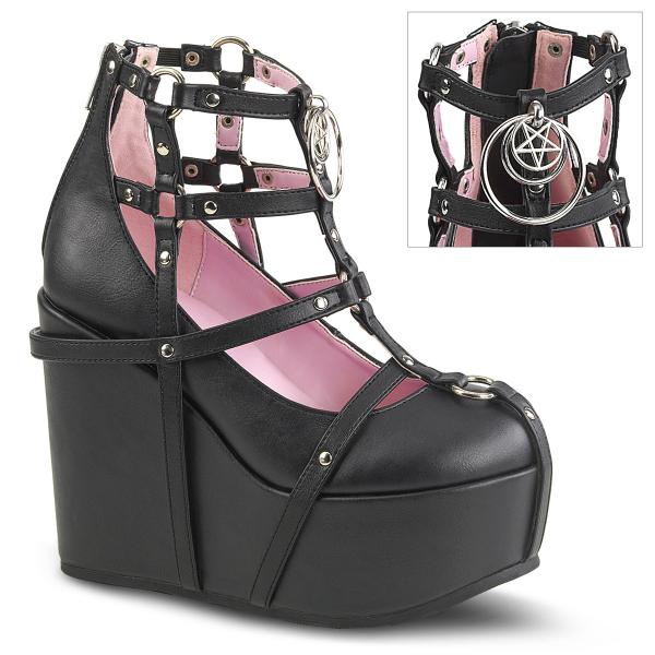 POISON-25-1 DemoniaCult wedge platform cage bootie pentagram o-ring black matte
