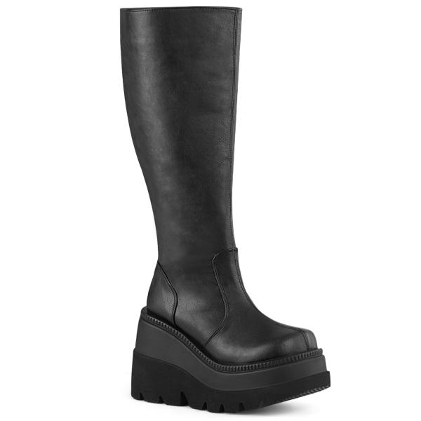 SHAKER-100WC Damenia extraweite Damen Keil-Plateaustiefel schwarz Lederoptik