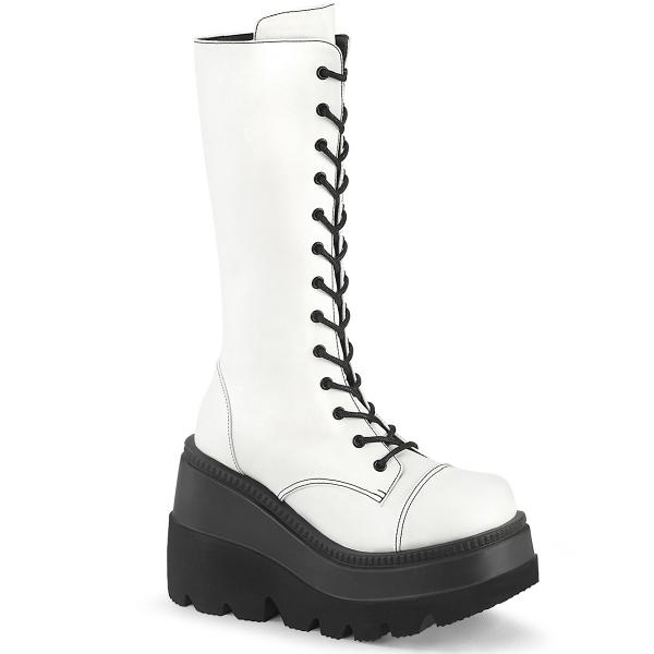 SHAKER-72 DemoniaCult vegan Damen Keil-Plateau Kniehohe Schnür-Stiefel weiß Lederoptik