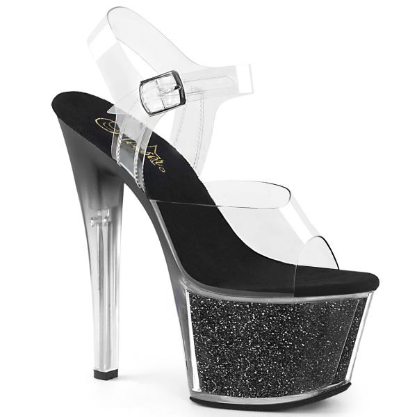 SKY-308G-T Pleaser tinted high heels platform ankle strap sandal clear black multi glitter