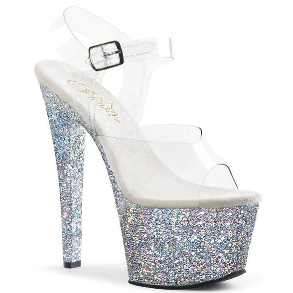 SKY-308LG Pleaser High-Heels Plateausandaletten klar silber Glitter rundum