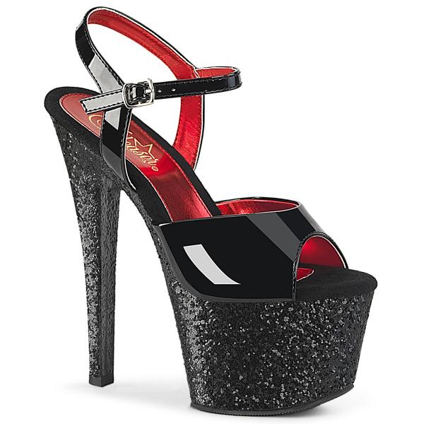 SKY-309 Pleaser high heels platform ankle strap sandal black patent black glitter