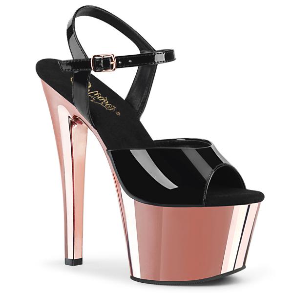SKY-309 Pleaser High-Heels Plateausandaletten schwarz Lack rosegold Chrom
