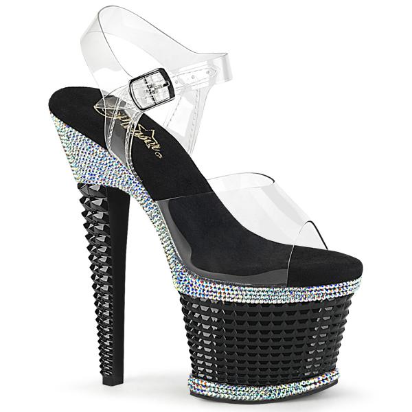 SPECTATOR-708RS Pleaser High Heels Plateausandaletten klar silber Strass schwarz