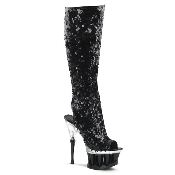 SPIKY-2019 Pleaser high heels peep toe knee boot black sequins shark teeth
