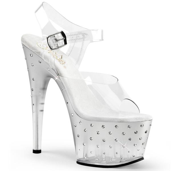 STARDUST-708T Pleaser High-Heels Plateausandaletten Tönung klar silber mit Strass
