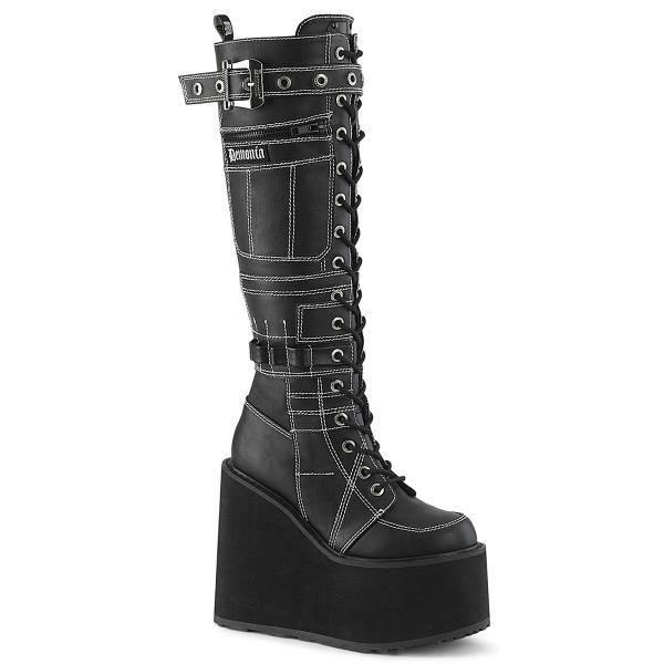 SWING-260 DemoniaCult vegan wedge platform knee high boot contrast stiching black matte
