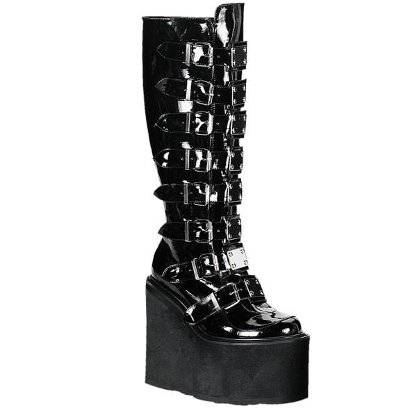 SWING-815 DemoniaCult wedge platform boots black patent 16 buckles