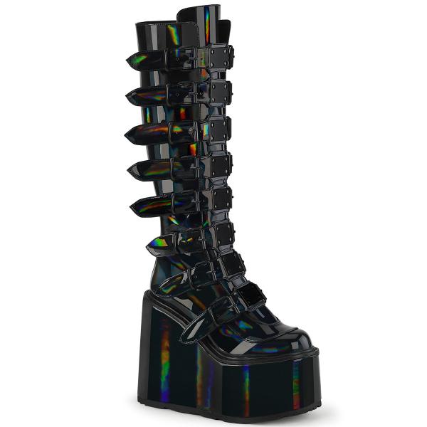 SWING-815 DemoniaCult wedge platform boots black holo patent 16 buckles