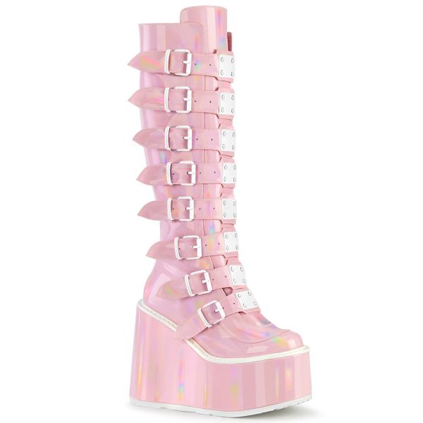 SWING-815 DemoniaCult wedge platform boots baby pink hologram patent 16 buckles