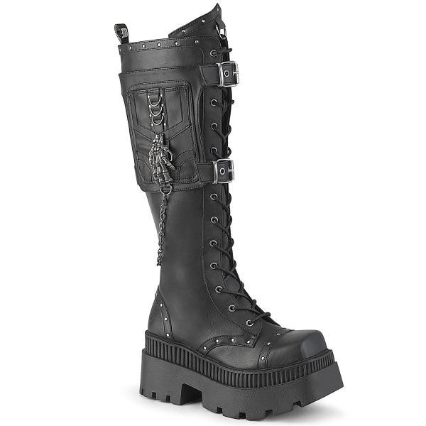 WRATH-205 DemoniaCult vegan platform knee high boot side pocket ring skull hand ornament black matte