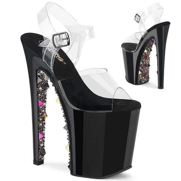 XTREME-808PYRS Pleaser High Heels Plateausandaletten Pyramidennieten Strass klar schwarz