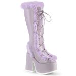 CAMEL-311 Demonia High-Heels Plateaustiefel lavendel Lederlook Kunstfell