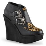 CREEPER-306 DemoniaCult monk wedge platform shoe metal skull buckles black leopard
