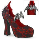 DEMON-18 DemoniaCult Damen Gothic Pumps Fledermaus Nieten rot Satin schwarz Spitze