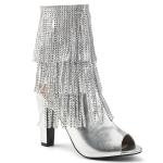 QUEEN-100 Pleaser Pink Label Peep Toe Stiefeletten Fransen Strass silber Metallic Lederlook