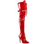 SEDUCE-3028 Pleaser High-Heels Overkneestiefel Schnürung 3 Riemchen rot Lack