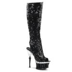 SPIKY-2019 Pleaser high heels peep toe knee boot black sequins shark teeth